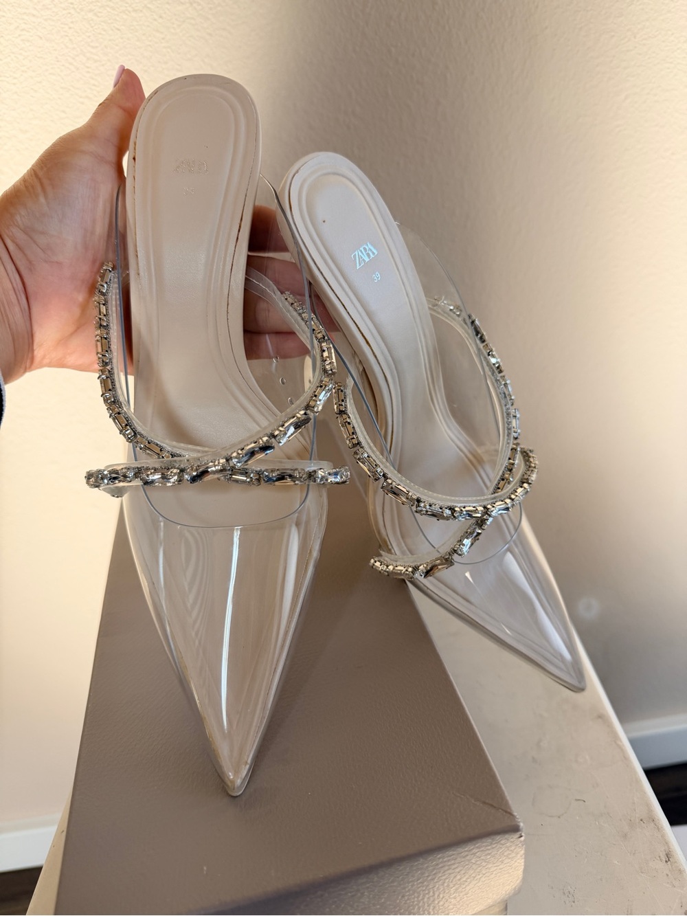 Zara Clear Pointed Mules with Nude Insole & Crystal-Strap Detail